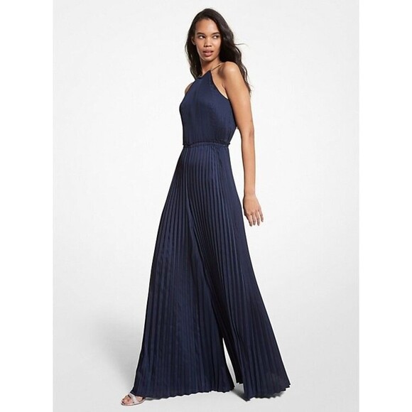 NWT Michael Kors Women's Midnightblue Pleated Satin Halter Neck Jumpsuit Size L - Picture 1 of 7